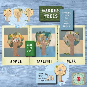 May include: A set of three embroidery patterns for apple, walnut, and pear trees. The patterns are designed for a 6x9 inch hoop and include extra motifs and tiny elements. The patterns are illustrated with colorful fabric swatches and a vintage camper van.