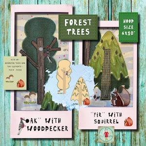 Puede incluir: Arte textil aplicado con árboles del bosque, un pájaro carpintero y una ardilla. El diseño incluye el texto "FOREST TREES" y "OAK WITH WOODPECKER". El tamaño del aro es de 15 x 25 cm.
