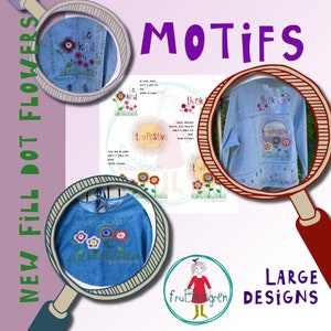 May include: Three denim jackets with embroidered flower motifs. The jackets are displayed under magnifying glasses. The text "MOTIFS" is written in purple letters at the top of the image. The text "LARGE DESIGNS" is written in black letters at the bottom right of the image. The text "NEW FILL DOT FLOWERS" is written vertically in green letters on the left side of the image. The text "fru  gren" is written in green letters at the bottom left of the image.