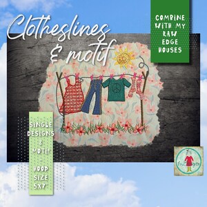 Könnte beinhalten: Eine gestickte Darstellung einer Wäscheleine mit einem Kleid, einer Hose, einem Hemd und Socken, die daran hängen. Das Design ist von rosa Blumen und grünem Gras umgeben. Der Text "Clotheslines & motif" befindet sich oben im Bild. Der Text "Combine with my raw edge houses" befindet sich oben rechts im Bild. Der Text "Single designs & motif" befindet sich links im Bild. Der Text "Hoop size 5x7" befindet sich unten links im Bild. Der Text "frut gren" befindet sich unten rechts im Bild.