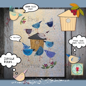 May include: Embroidered design featuring birds and berries, with the text "Birds & Berries" and "Single Birds..." in a speech bubble. The design is meant to be stitched on a 4x4 inch hoop.