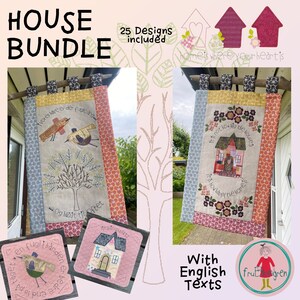 May include: A set of 25 house-themed embroidery patterns with English and German text. The patterns feature houses, birds, and flowers. The text reads "Home is where your heart is", "It's not how big the house is, it's how happy the home is", "A bird in hand is worth two in the bush", and "New home".