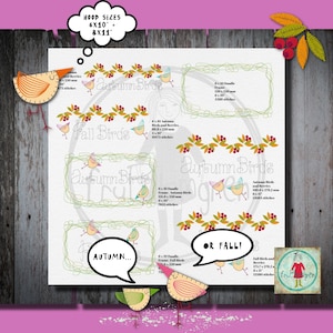 May include: A digital design sheet for embroidery featuring autumn-themed birds and berries. The designs include a wreath, a banner, and a single bird. The designs are available in two sizes: 6x10 inches and 8x11 inches. The text on the sheet reads "Autumn Birds", "Fall Birds", and "OR FALL!"
