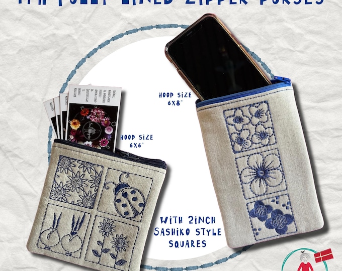 ITH Zipper Purses - fully lined - with motifs of my Sashiko Style Squares - Machine Embroidery for 6x10" Hoops - 2 sizes and 2 blank ones