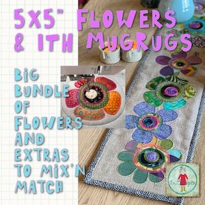 May include: A set of 5x5 inch in-the-hoop embroidery designs for mug rugs featuring colourful flowers. The designs are perfect for adding a touch of handmade charm to your home decor.