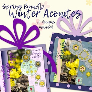 May include: A spring bundle of 24 winter aconite designs for embroidery. The bundle includes 13 single flower designs and 11 motifs. The designs feature yellow flowers with green leaves and a blue background.