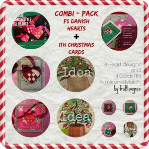 Pacote combinado com preço justo: 8 designs de coração dinamarquês FS + 4 designs de cartão de Natal ITH ITH para misturar e combinar. Faça pequenos enfeites e cartões