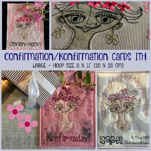 3 große ITH Konfirmations- und Konfirmationskarten mit Blumenmädchen, DIY Firmung/Konfirmationskarten - für die Rahmengrößen 20 x 28 cm