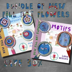 May include: A bundle of new fill dot flower designs for embroidery. The designs include single flowers, mixed motifs, and large designs. Save 30% on this bundle.