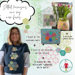 Puede incluir: Una mujer lleva un suéter azul con un diseño de hexágonos verdes, amarillos y azules con puntos blancos. La imagen también muestra una variedad de parches de tela en forma de hexágono con diferentes colores y patrones, incluyendo verde, amarillo, rosa y azul. El texto "Dotted hexagons are my new faves..." está escrito en una nube blanca. El texto "3 tamaños de los hexágonos con puntos", "3 tamaños de los parches de hexágonos con puntos", "3 tamaños de las flores hexagonales con puntos" y "1 parche de flor hexagonal" también está incluido en la imagen.