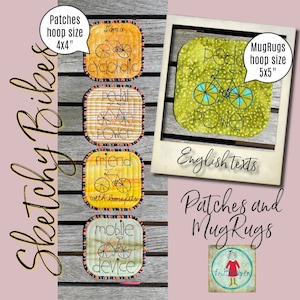 8 Patches and MugRugs with my Sketchy Bikes - 4 of each - Patches and MugRugs with Bike sayings - Patches size 4x4&quot; and MugRugs size 5x5&quot;
