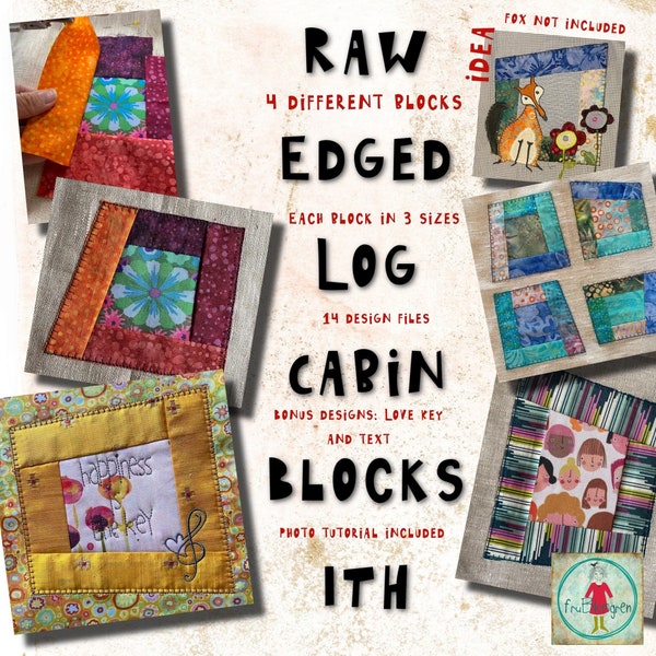 12 ITH Log Cabin Blocks to make on your Embroidery Machine - 4 variants in each 3 sizes + 2 bonus designs - small ones fit hoop size 10x10