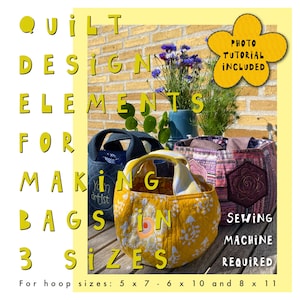 Könnte beinhalten: Quilt-Designelemente zum Nähen von Taschen in drei Größen. Das Bild zeigt drei gesteppte Taschen in verschiedenen Farben und Mustern. Der Text "Für Reifen Größen: 5 x 7 - 6 x 10 und 8 x 11" befindet sich am unteren Rand des Bildes.