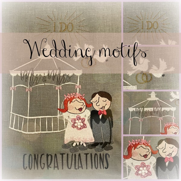 WEDDING MOTIFS, 8 Machine Embroidery Designs themed WEDDING, 7 single motifs + a large motif, very versatile, also includes 4 cards to print