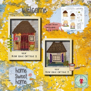 Könnte beinhalten: Vier 4x4 Zoll große Rohkanten-Häuser-Designs zum Quilten oder Sticken. Die Designs beinhalten ein braunes Dach, rote Backsteinwände und bunte Fenster. Der Text "4 Cottages Included - Mix'n Match" und "Home Sweet Home" ist ebenfalls im Bild enthalten.