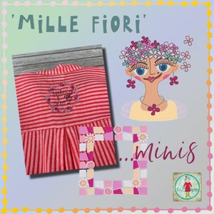 Mini Mille Fiori Stickmotive - handgezeichnete, skizzenhafte Maschinenstickdatei für den Stickrahmen 10x10 - Süßes Mädchen, Text in einem Kranz und Mosaik-Rahmen