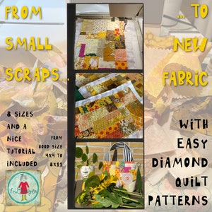 Op de afbeelding: Een collage van stofresten in gele, oranje en bruine tinten. De afbeelding laat zien hoe je kleine stofresten kunt omtoveren tot nieuwe stof met behulp van eenvoudige diamant patchworkpatronen. De tekst "FROM SMALL SCRAPS... TO NEW FABRIC WITH EASY DIAMOND QUILT PATTERNS" wordt weergegeven op de afbeelding.