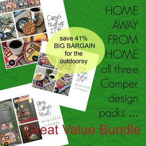 Puede incluir: Tres diseños de bordado diferentes para posavasos de taza de campamento, motivos y motivos grandes de campamento. Los diseños son todos en el aro (ITH) y están disponibles en paquete a un precio reducido. El texto en la imagen dice "Home Away From Home" y "Great Value Bundle".