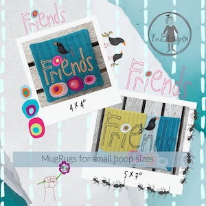 Może przedstawiać: Dwa wzory podkładek pod kubki z napisem "Friends" w kolorowym, fantazyjnym stylu. Mniejszy wzór ma rozmiar 4x4 cale, a większy 5x7 cali.