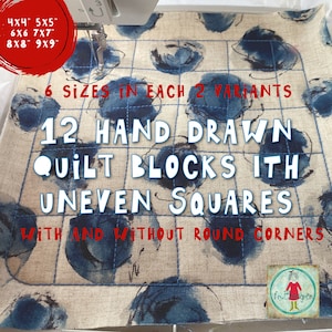 Könnte beinhalten: Nahaufnahme einer Nähmaschine mit einem Stück Stoff im Rahmen. Der Stoff hat ein blaues und weißes Aquarelldesign mit ungleichmäßigen Quadraten. Der Text auf dem Stoff lautet "12 HAND DRAWN QUILT BLOCKS ITH UNEVEN SQUARES WITH AND WITHOUT ROUND CORNERS". Der Stoff ist in sechs Größen erhältlich, 4x4 Zoll, 5x5 Zoll, 6x6 Zoll, 7x7 Zoll, 8x8 Zoll und 9x9 Zoll.