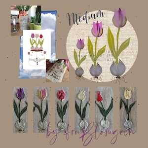 Puede incluir: Diseños de tulipanes bordados en varios colores, incluyendo rosa, morado, amarillo y rojo. Los diseños miden aproximadamente 5 pulgadas (13 cm) de alto y están etiquetados como "Mediano".