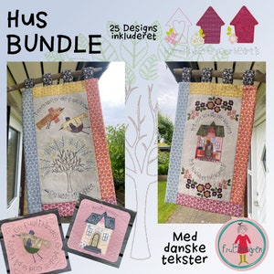 May include: A bundle of 25 designs featuring embroidered house and bird motifs. The designs include text in Danish, with a variety of colors and patterns. The image also includes the text "home is where your heart is".