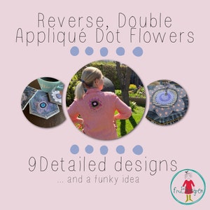 Puede incluir: Diseños de flores de punto de appliqué invertido. Una mujer lleva una camisa rosa con un diseño de flor en la espalda. La imagen también muestra primeros planos de tela vaquera con diseños de flores. El texto "9 Diseños detallados... y una idea funky" está en la parte inferior de la imagen.