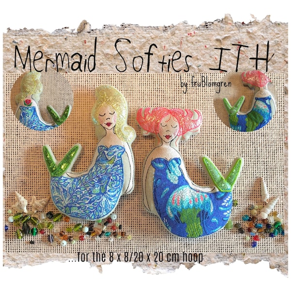 ITH Machine Embroidery Pattern for 2 Adorable Softie Mermaids for the 8 x 8"/20 x 20 cm hoop, make 2 DARLING MERMAIDS finished size 19 cm