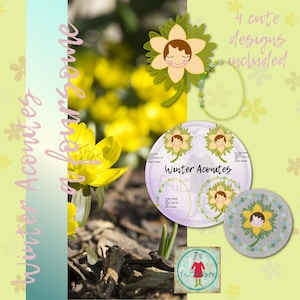 May include: Four embroidery designs featuring stylised winter aconite flowers. The designs are in a circle with a light purple background and the text "Winter Aconites". The designs are also shown individually on a white background with a light blue border.