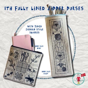 May include: Two fully lined zipper purses. One is a rectangular pencil case with embroidered sheep, yarn, and the words "knit" and "zen". The other is a square pouch with "Wild Life" and embroidered insects, plants, and a frog.
