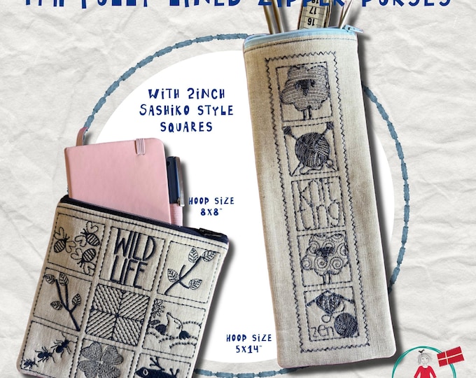 ITH Zipper Purses - fully lined - with motifs of my Sashiko Style Squares - Machine Embroidery for 8x14" Hoops - 2 sizes and 2 blank ones