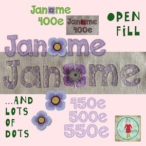 Open Fill and Dots Text designs - Janome 400e/450e/500e/550e - Decorative Title designs for machine covers - with flowers - more sizes