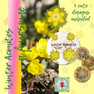 May include: Four embroidery designs of yellow winter aconite flowers. The designs are titled "Winter Aconites: Four Single Designs".