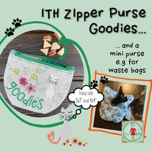 May include: A light blue zippered pouch with a white cat and flowers embroidered on it. The pouch is labelled "goodies". The pouch is 5x7 inches or 4x4 inches. A smaller light blue pouch with a black bin bag inside is also shown. The text "and a mini purse e.g. for waste bags" is also shown.