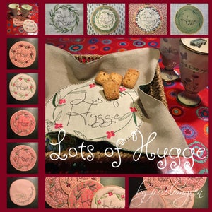 May include: A set of 10 embroidered coasters with a floral design and the text "Lots of Hygge" in a cursive font. The coasters are made of a natural linen fabric and are perfect for adding a touch of Scandinavian charm to your home.