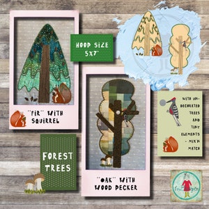 May include: A collection of forest-themed fabric art pieces. One piece features a fir tree with a squirrel, another an oak tree with a woodpecker. Additional elements include a card with a woodpecker and text, and a green card that says "Forest Trees".