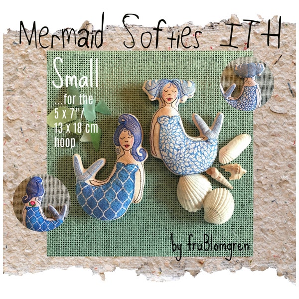 ITH Machine Embroidery Pattern for 2 Adorable Softie Mermaids for the 5 x 7"/13 x 18 cm hoop, make 2 DARLING MERMAIDS finished size 14 cm