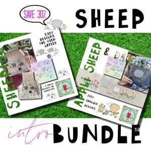 May include: A digital download bundle of two sheep-themed embroidery patterns. The first pattern is for knit and crochet projects and features a sheep with a ball of yarn. The second pattern is for applique projects and features a sheep with daisies. The bundle is available at a 30% discount.