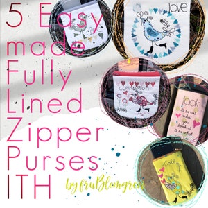 5 BOLSAS COM ZÍPER, TOTALMENTE FORRADAS E FÁCEIS DE FAZER, COM BONITOS MOTIVOS DE CORAÇÃO E PÁSSAROS DESENHADOS À MÃO E TEXTOS - 5 tamanhos e formatos de 5 x 7 - 8 x 8