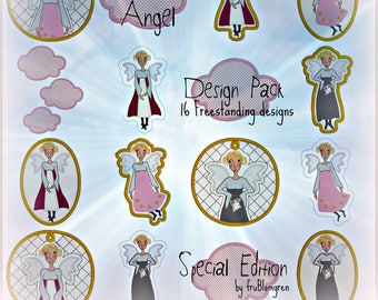 SPECIAL EDITION Large Design Pack with 16 Freestanding machine embroidery designs: All of my 12 adorable ANGELS + 4 special Lace Clouds
