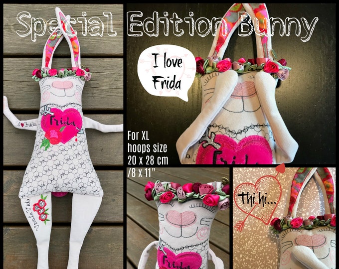 XL Softie Bunny ITH, Special Edition 'I love Frida' Bunny' with lace and textile tattoos, 2 versions + small motifs, Rag Doll Style