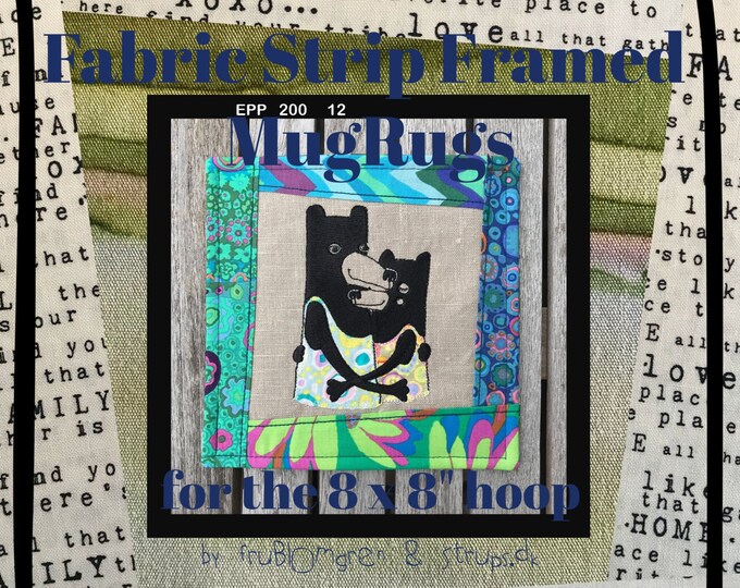 FABRIC STRIP Framed MugRugs ITH designs sized 8 x 8" for your embroidery machine - with original artwork Bear Hug by Strups.dk - Hand drawn