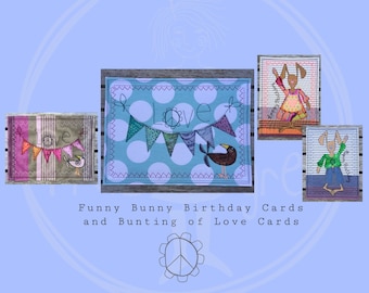 4 Handdrawn Cards ITH to make on your embroidery machine - Funny Bunnies, Birds and a Bunting of Love, for Birthdays and other occasions