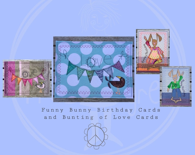 4 Handdrawn Cards ITH to make on your embroidery machine - Funny Bunnies, Birds and a Bunting of Love, for Birthdays and other occasions