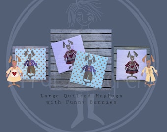 4 Handdrawn Funny Bunny designs: 2 Single motifs of the bunnies for the 5 x 7" hoop and 2 Large, quilted MugRugs for the 8 x 8" hoop size