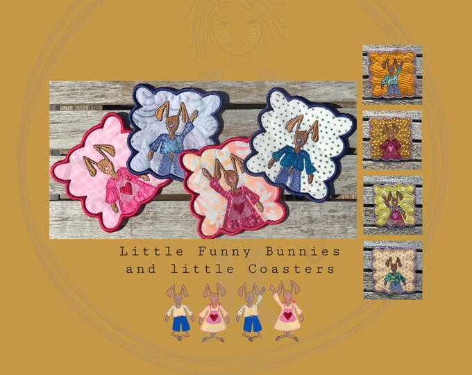 9 Handdrawn Designs for hoop size 4x4" (10x10 cm): 4 Coasters with my Little Funny Bunnies, 1 blank + 4 designs of the little Funny Bunnies