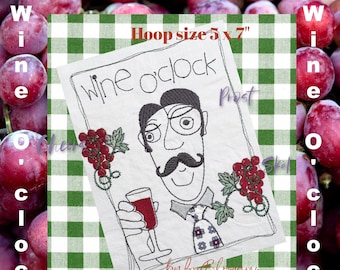 Signore Wine O'clock - Hand drawn Machine embroidery designs with appliqué detail - for hoop size 5x7" - cute designs for gift making