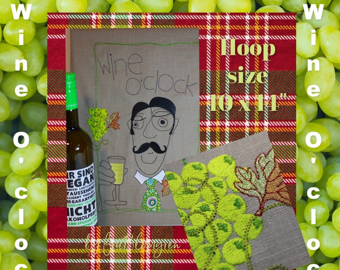Signore Wine O'clock - Hand drawn Machine embroidery designs with appliqué detail - for hoop size 10 x 14" - cute designs for gift making
