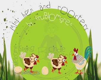 Machine Embroideries/Appliqué designs - HAPPY CHICKS - The Miniature Hen and Rooster - for hoop size 4 x 4" - 10 x 10 cm + egg and text