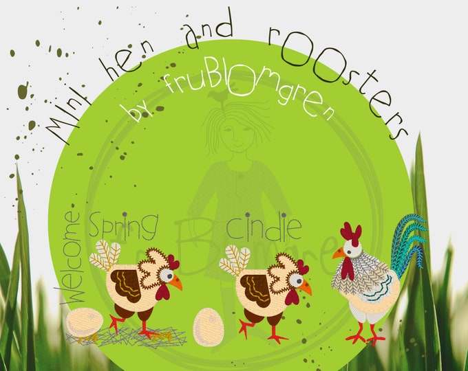 Machine Embroideries/Appliqué designs - HAPPY CHICKS - The Miniature Hen and Rooster - for hoop size 4 x 4" - 10 x 10 cm + egg and text